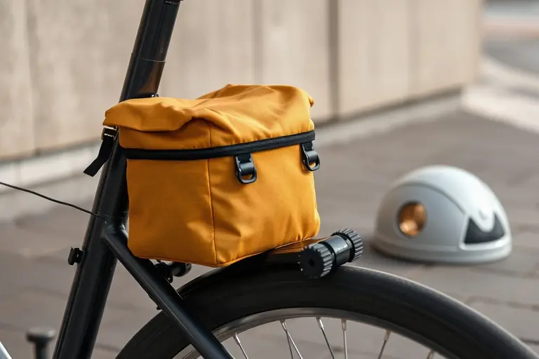 Kompaktes Faltschloss in einer Halterung am kleinen Rahmen eines Faltrads neben einem faltbaren Fahrradhelm